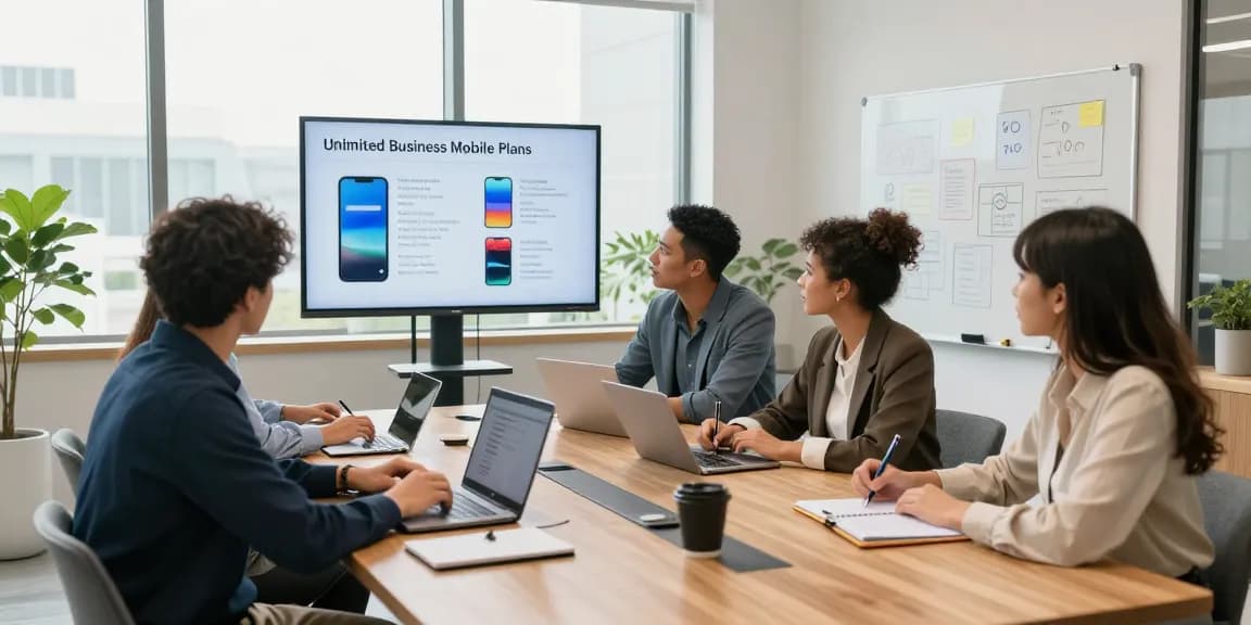 Team discussing unlimited business mobile plans during a collaborative meeting in a bright office.