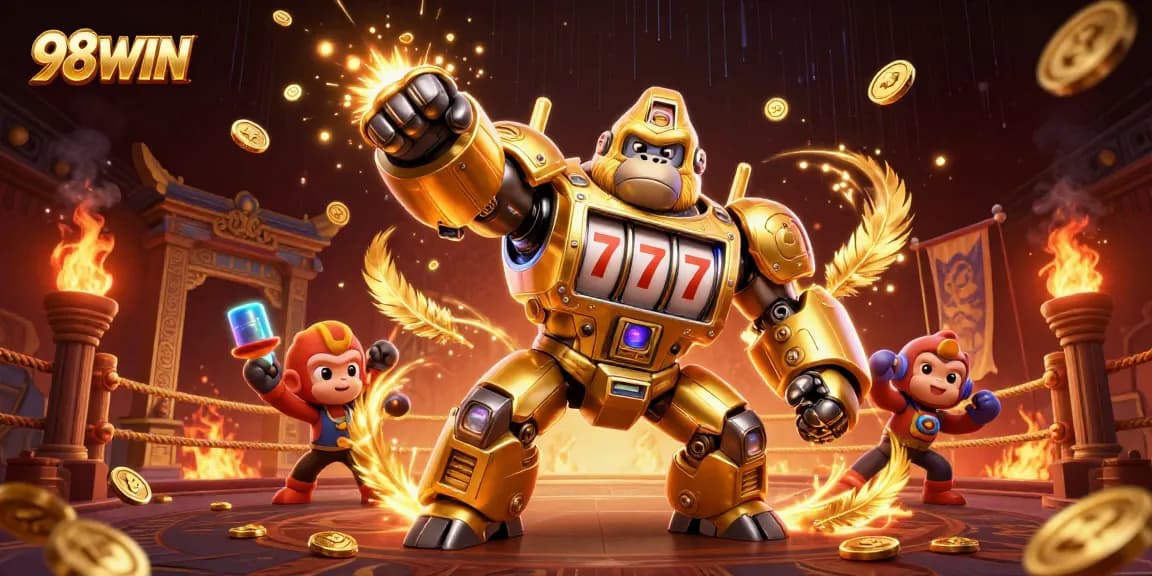 Explore thrilling 98WIN gaming with a golden gorilla mech amidst vibrant casino elements.
