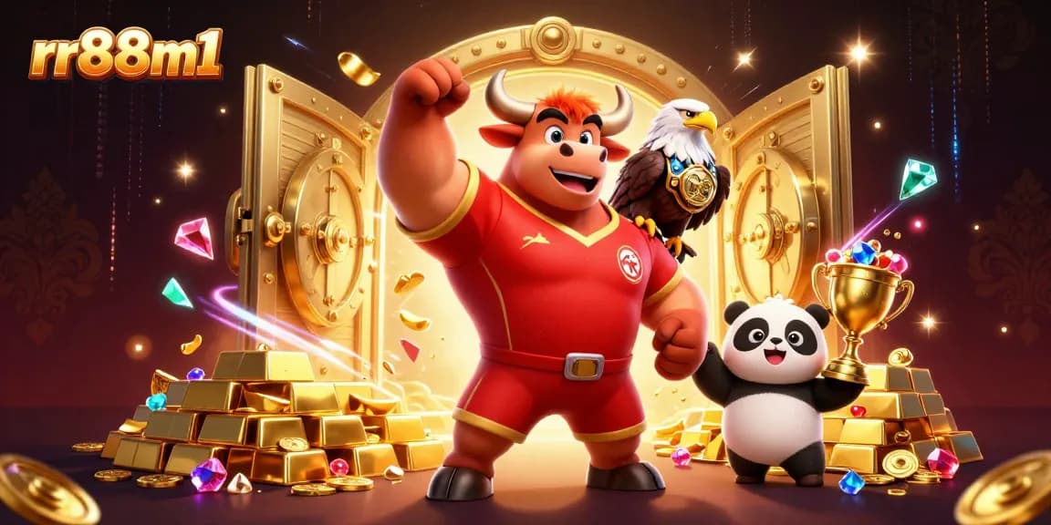 Engage with rr88m1's thrilling casino adventures featuring a victorious bull, eagle, and panda.