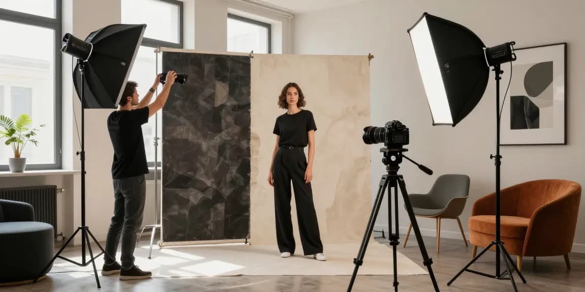 setup studio fotografico Milano con fotografo professionista, modello e decorazioni eleganti dello studio