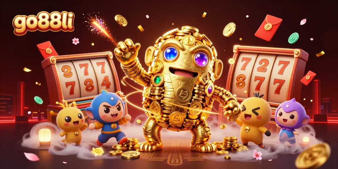 Experience thrilling jackpots with go88li's vibrant casino scene featuring a golden golem and festive game elements.