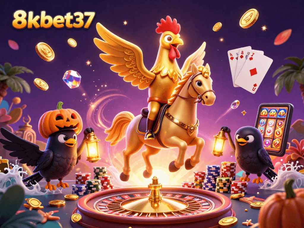 Experience the midnight casino magic with 8kbet37 as a golden rooster and friends bring luck and fortune.