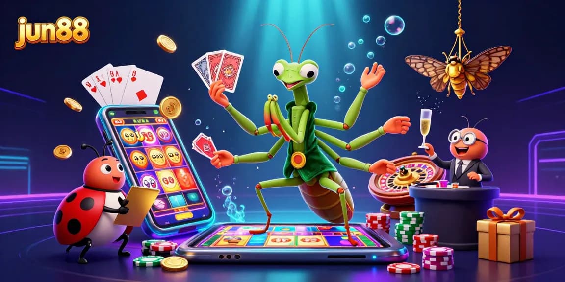 Experience thrilling gaming at jun88 with a vibrant 3D casino scene featuring a mantis dealer and slot game action.