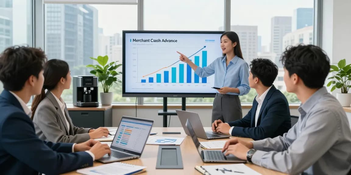 Apply for merchant cash advance in a vibrant office meeting with professionals discussing strategies.