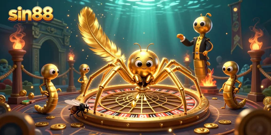 Experience thrilling gameplay at sin88 with a spider spinning a golden roulette wheel and vibrant casino elements.