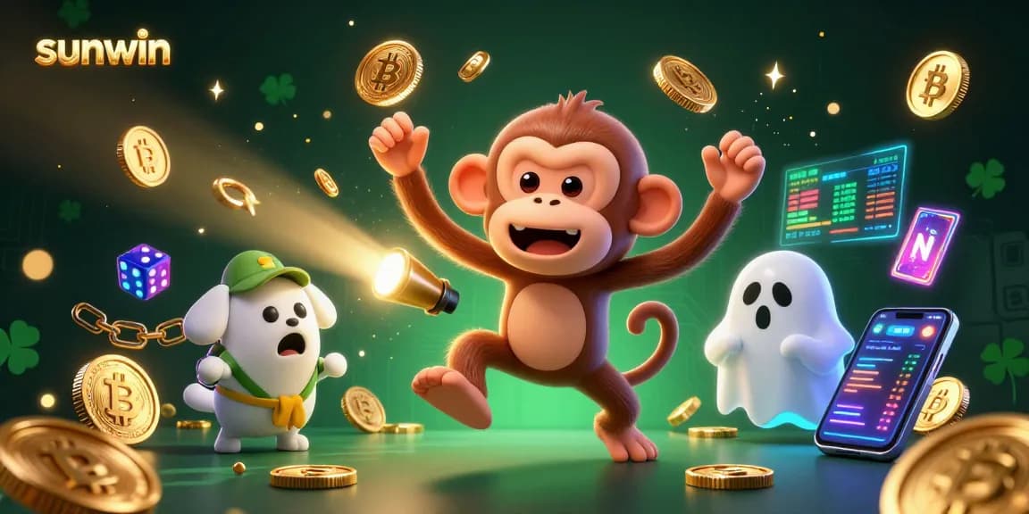 sunwin features a mischievous monkey juggling gold gaming elements in a haunted casino setting