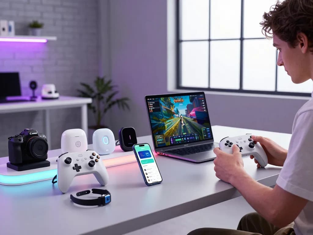 Explore innovative tech gadgets showcasing Bluetooth controllers and smart devices in a vibrant modern workspace.