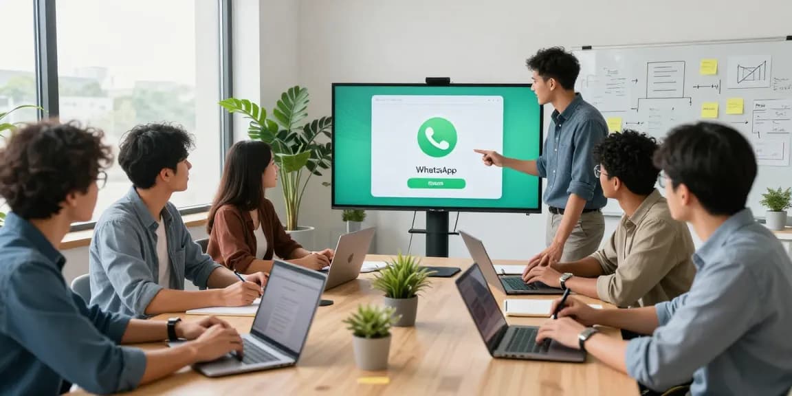 Collaborative team discussing WhatsApp網頁版 features in a modern office.