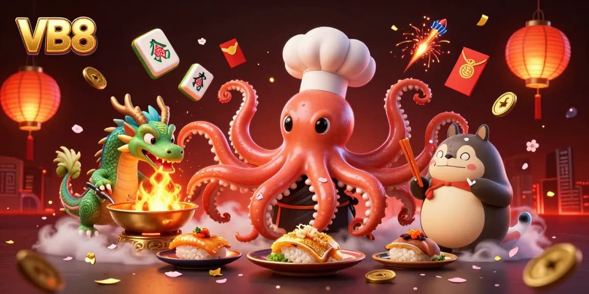 VB8 showcases a vibrant casino scene with a chef octopus and dragon, creating an engaging gaming atmosphere.
