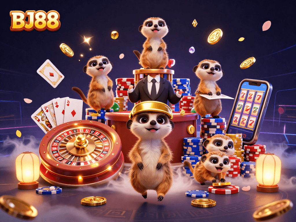 Experience thrilling gaming action at BJ88's vibrant casino operations, led by clever meerkats.