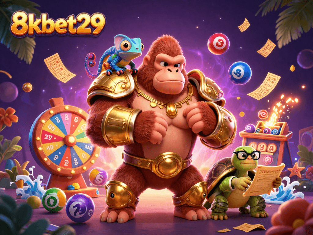 Join the fun at 8kbet29 with this dynamic lottery-themed 3D illustration featuring vibrant colors and characters.
