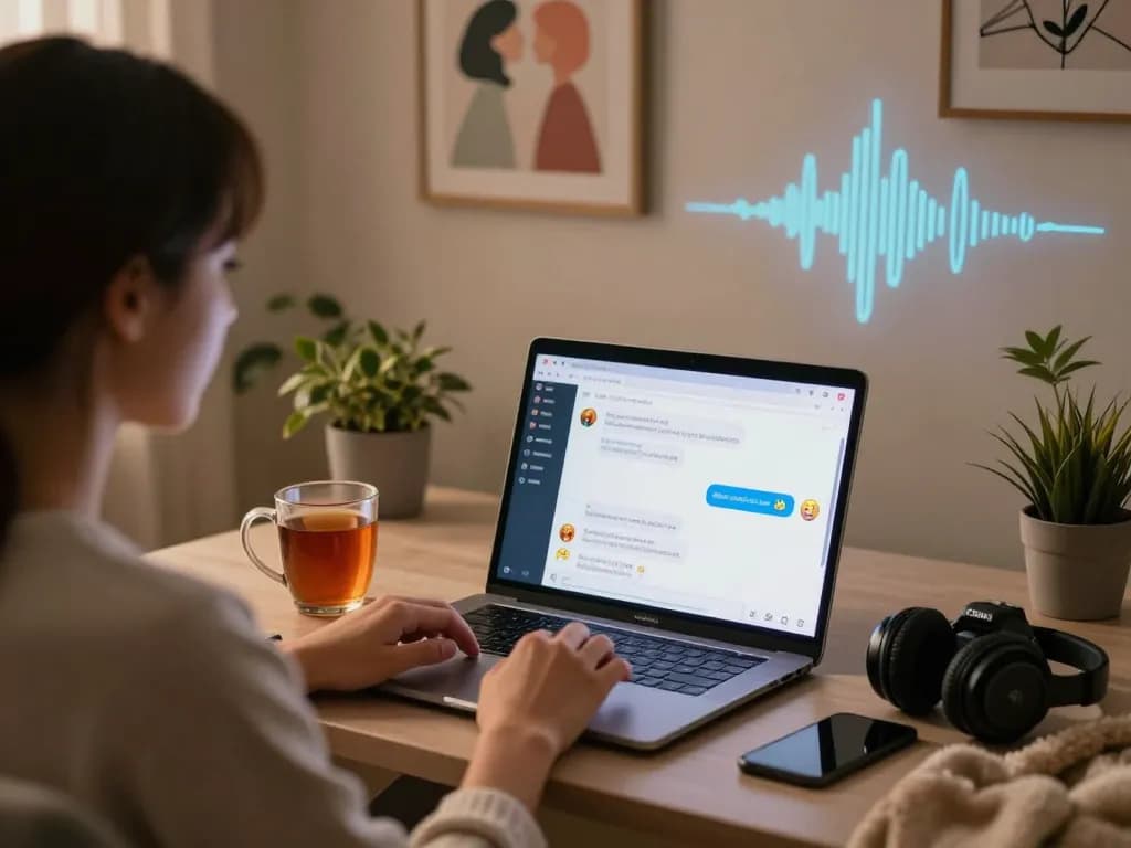 Engaging sex AI chat session with user in cozy setting, emphasizing personal connection and interaction.