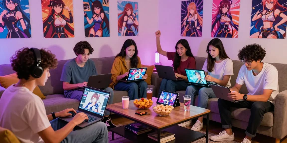 Friends enjoying interactive hentai games in a cozy living room setup.