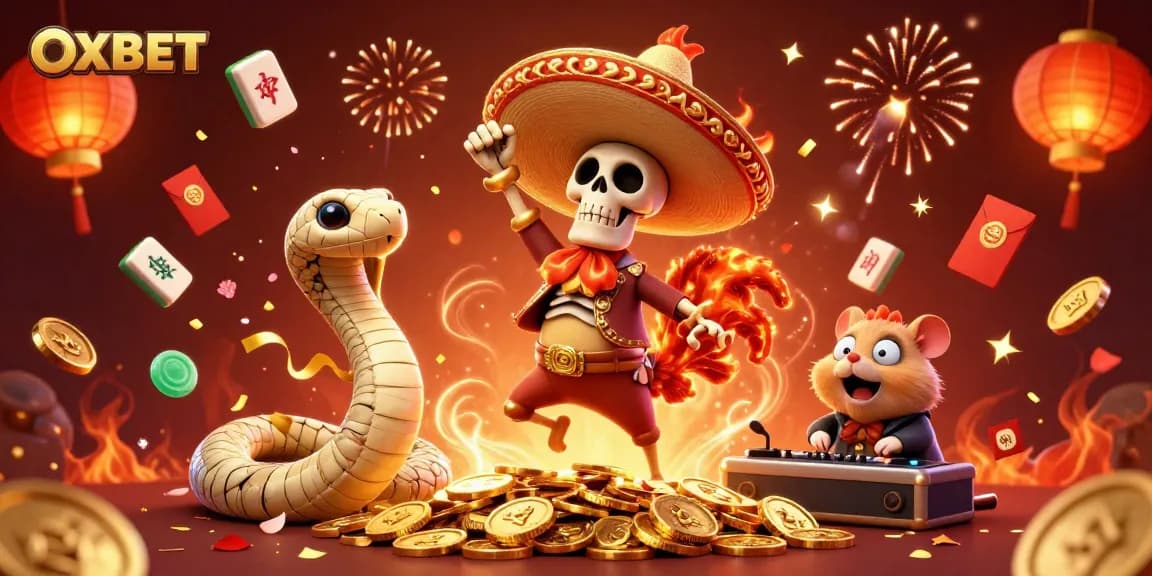 OXBET celebrates with a vibrant victory dance scene featuring themed characters, coins, and festive elements.