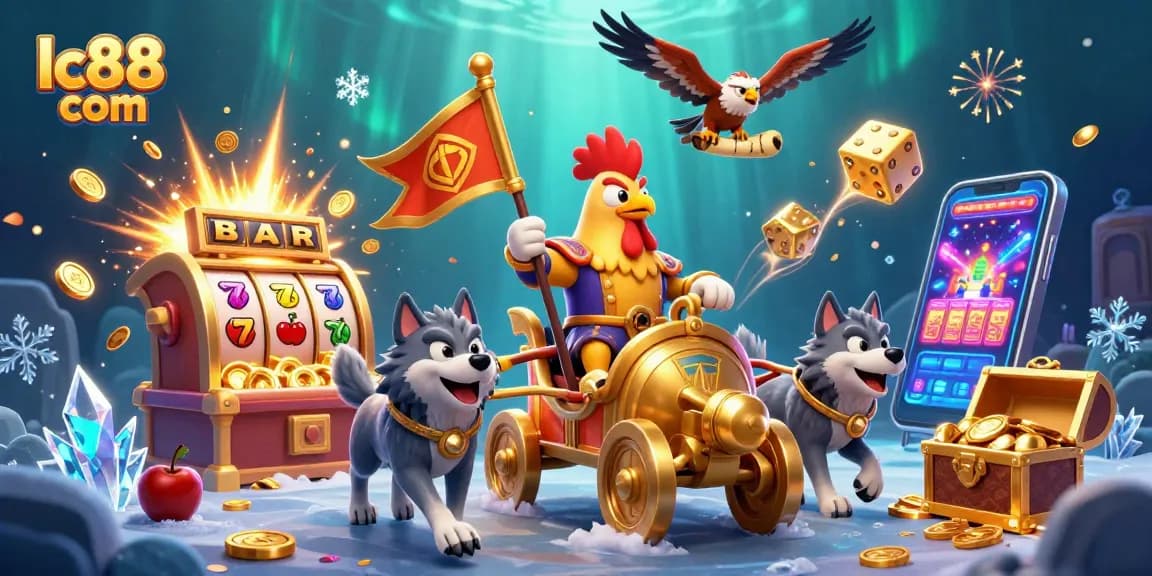 Spin and win at lc88 com with a vibrant 3D casino illustration showcasing a golden war chariot and exciting game elements.