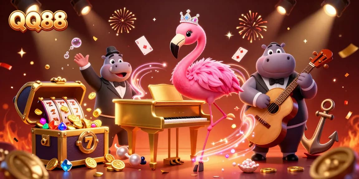 Engage with QQ88's vibrant casino ambiance featuring a flamingo singer and hippo bassist.