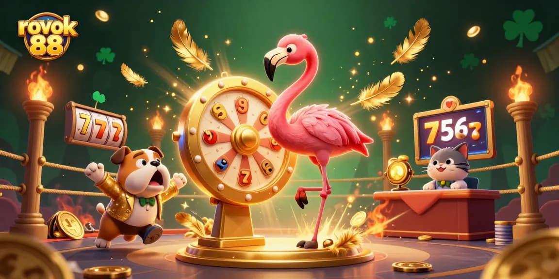 Exciting rokok 88 game show scene with a flamingo host, bulldog contestant, and interactive prizes.