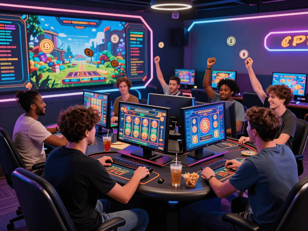 Engaged players in a crypto casino, enjoying immersive gaming with holographic displays and vibrant lighting.