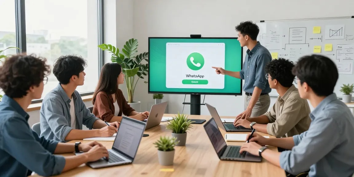 Collaborative team discussing WhatsApp網頁版 features in a modern office.