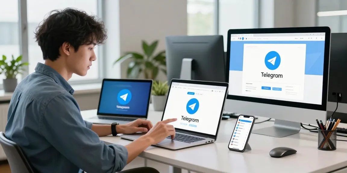 Download Telegram on a modern computer setup with vibrant workspace elements.