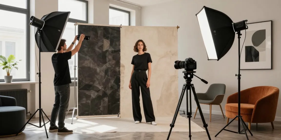 setup studio fotografico Milano con fotografo professionista, modello e decorazioni eleganti dello studio