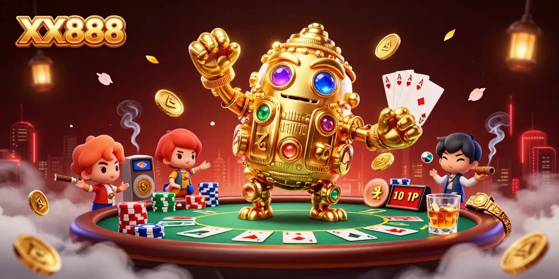 Experience exciting gameplay at XX888 with a dynamic scene showcasing a golden golem among poker elements.