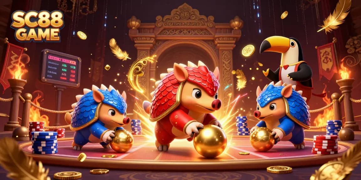 Engage in exciting gameplay at SC88 GAME as rival pangolins compete in a vibrant casino atmosphere.