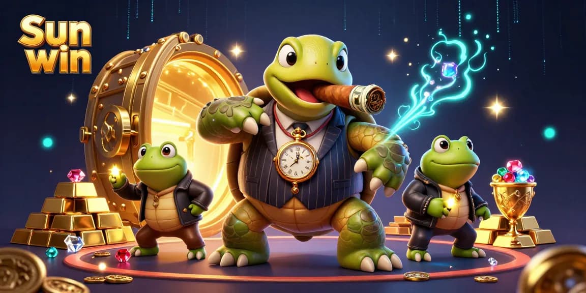 Engage with Sun win's dynamic casino scene showcasing a snapping turtle mobster and bullfrog enforcers amidst treasures.