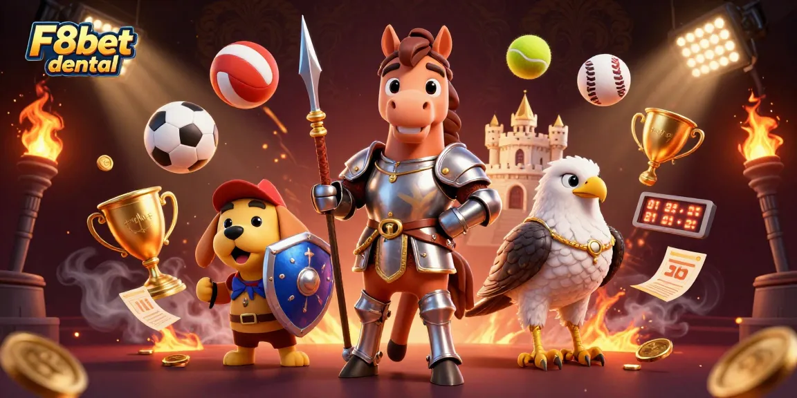 Engage with F8bet dental casino elements featuring medieval knights, sports betting action, and dynamic game symbols.