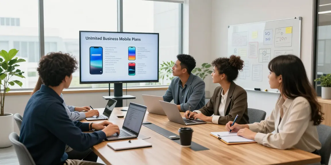 Team discussing unlimited business mobile plans during a collaborative meeting in a bright office.