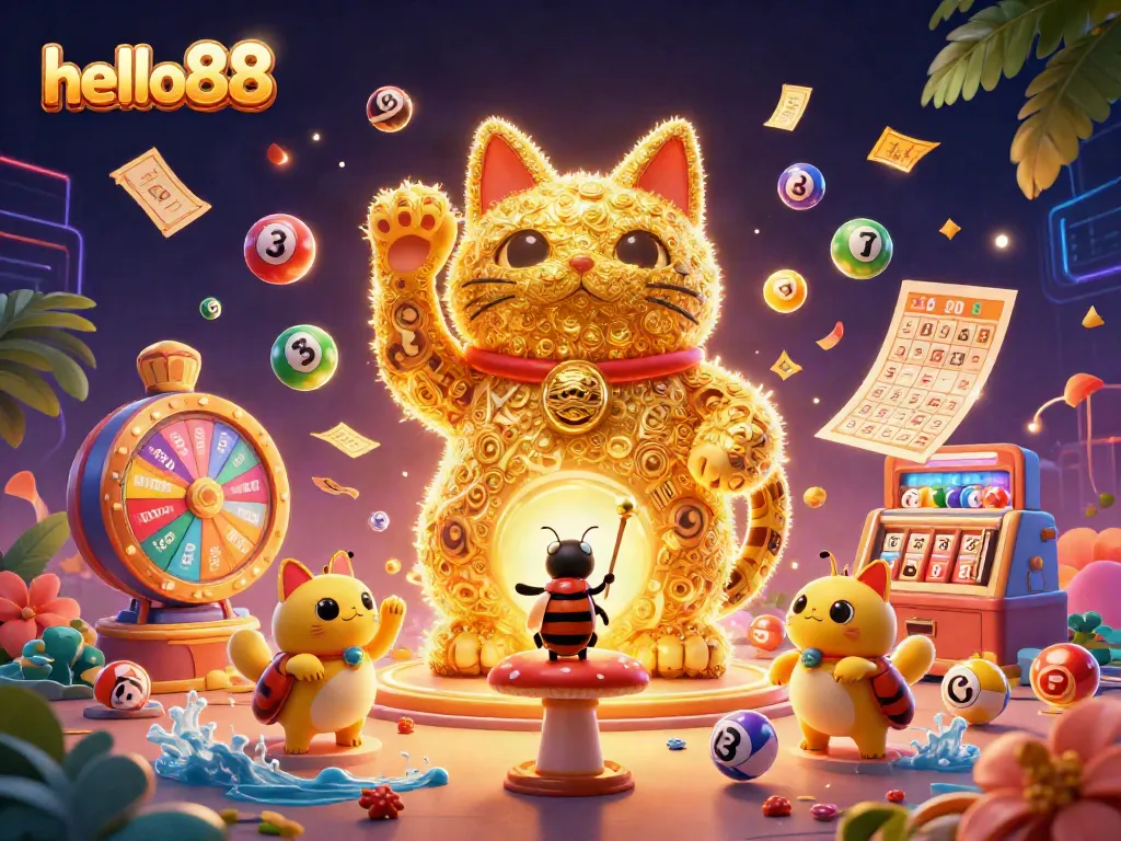 Experience the excitement of hello88 with a giant lucky cat and vibrant casino elements.