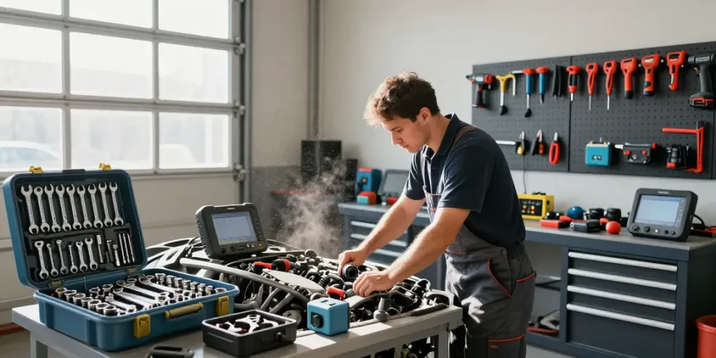 Meccanico esperto utilizza strumenti KS Tools in un'officina ordinata, con attrezzature in vista.