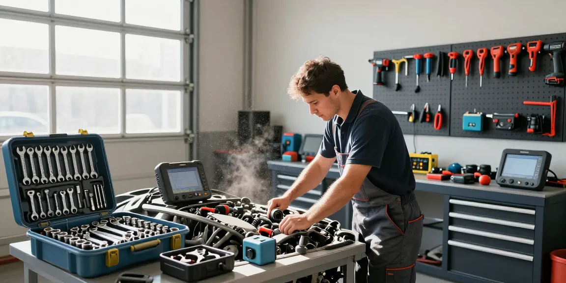 Meccanico esperto utilizza strumenti KS Tools in un'officina ordinata, con attrezzature in vista.