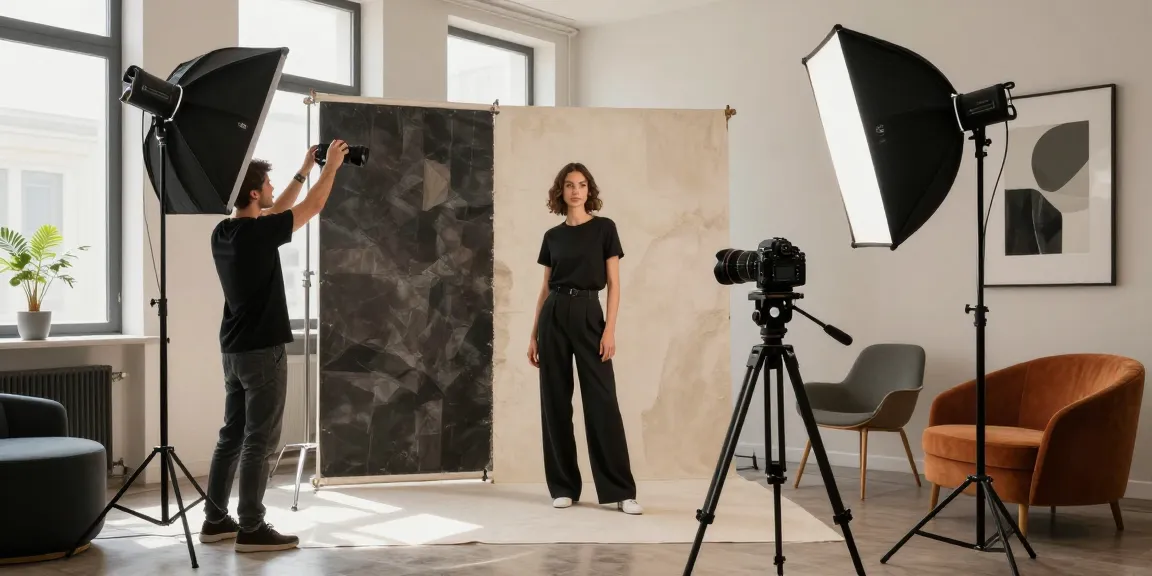 setup studio fotografico Milano con fotografo professionista, modello e decorazioni eleganti dello studio