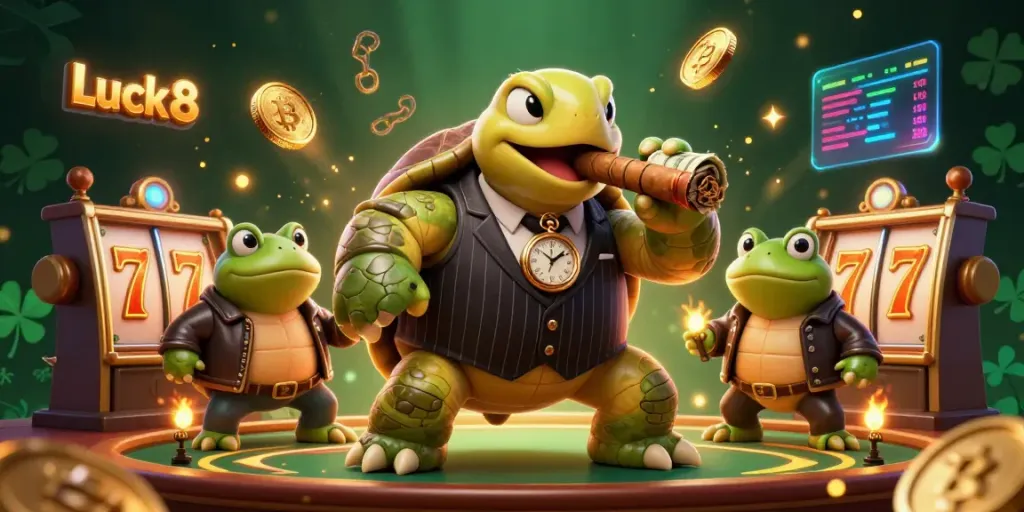 Luck8 showcases a cartoon turtle in a mobster outfit surrounded by slot machines and glowing coins.