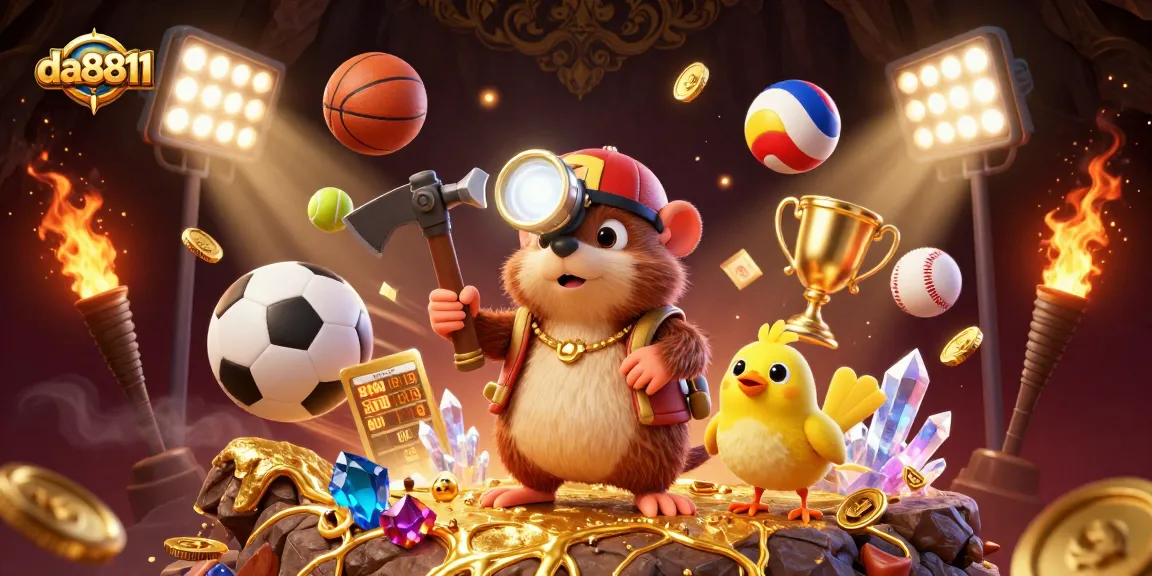 Bet on da8811 with a vibrant illustration of a treasure hunter mole and sports elements in a casino setting.