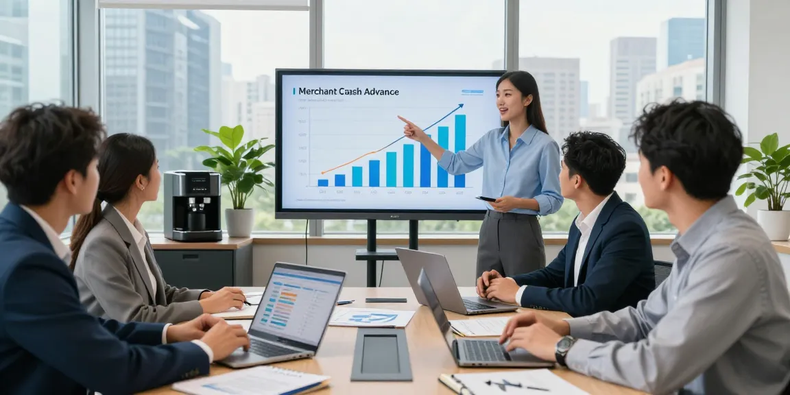 Apply for merchant cash advance in a vibrant office meeting with professionals discussing strategies.