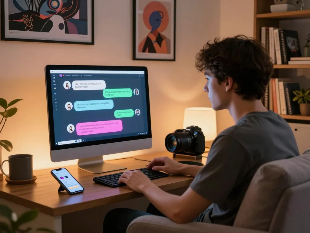 Dynamic user engaged in nsfw ai chat on a sleek computer in a cozy living room.