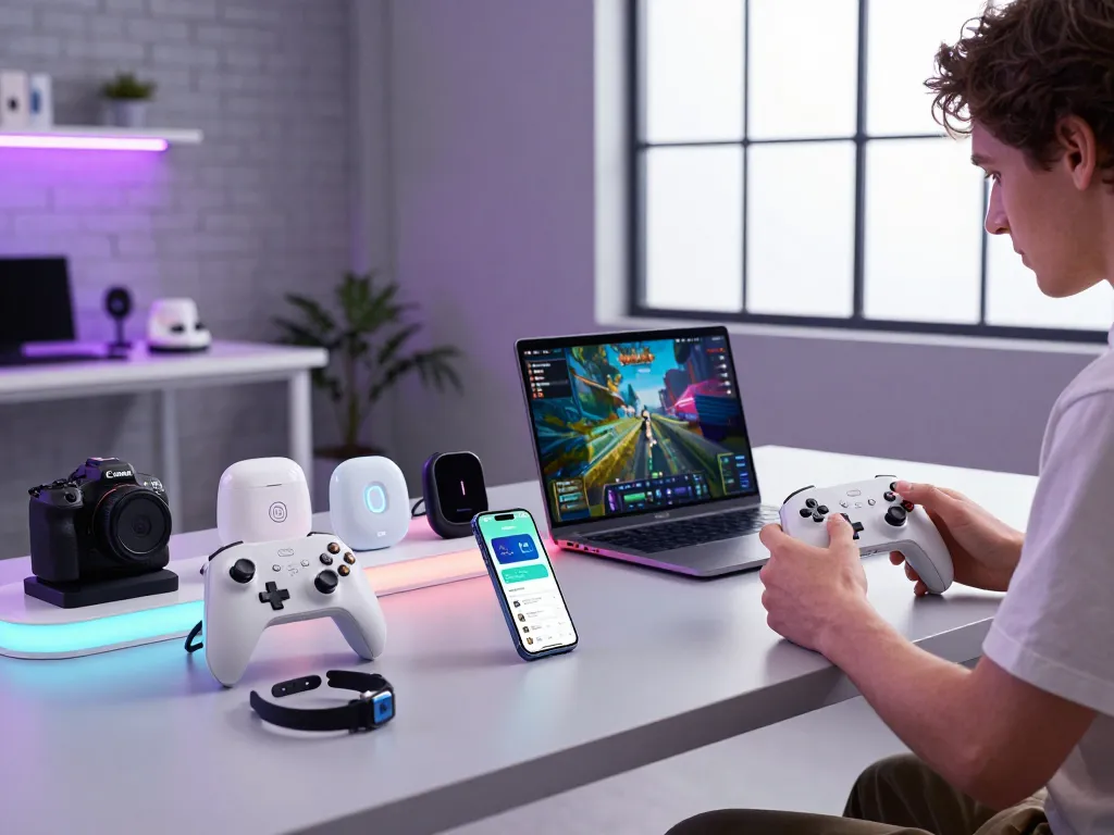 Explore innovative tech gadgets showcasing Bluetooth controllers and smart devices in a vibrant modern workspace.