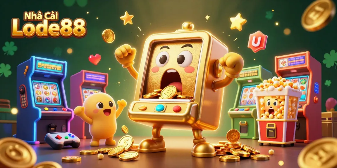 Celebrate wins at Nhà cái Lode88 with this vibrant 3D casino illustration showcasing jackpots, games, and fun!