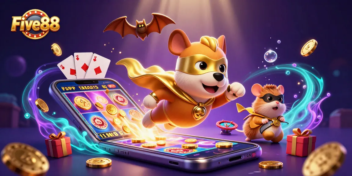 Experience thrilling gameplay at Five88 with a colorful slot scene featuring a superhero dog and fantasy elements.