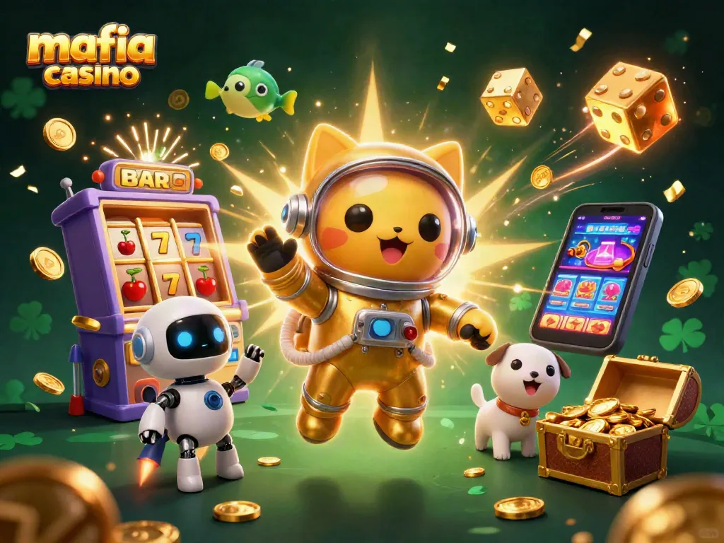 Experience the excitement of mafia casino in a vibrant 3D scene with colorful slots exploding with coins.
