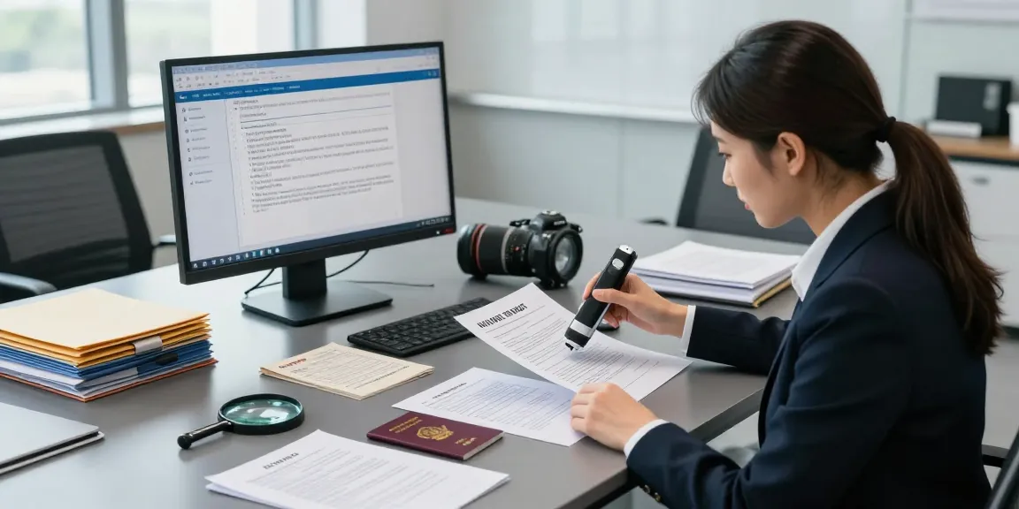 Document fraud detection analysis with investigator at a high-tech workspace examining various identification forms.
