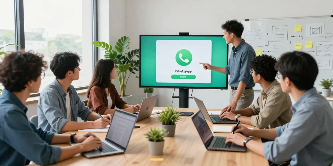 Collaborative team discussing WhatsApp網頁版 features in a modern office.