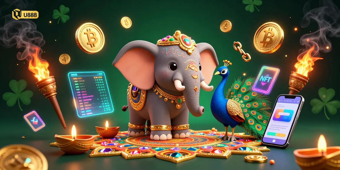 Experience the vibrant world of U888 with a rich 3D illustration, showcasing an elephant and peacock surrounded by glowing cryptocurrencies.