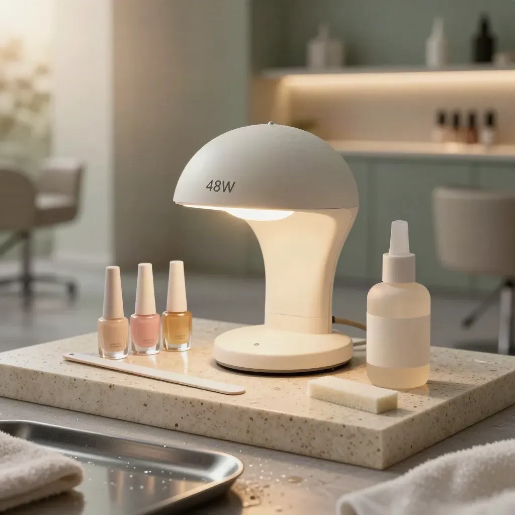 Kit per ricostruzione unghie con lampada LED, gel, lime e cleaner su pietra chiara lucida.