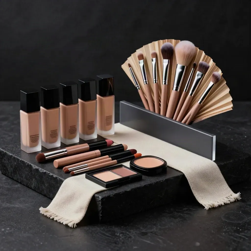 Set make-up professionale da 24 pezzi con fondotinta, pennelli e rossetti su pietra grafite.