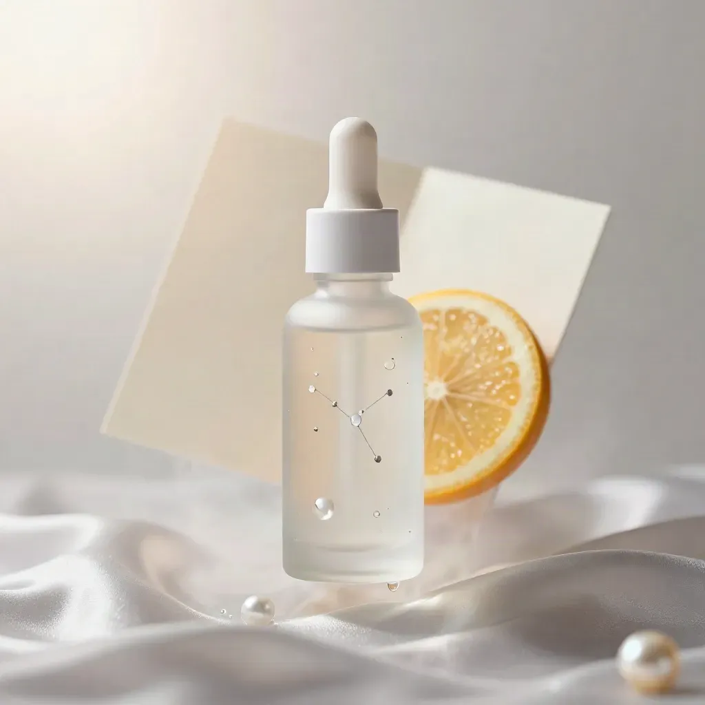 Flacone opaco di siero vitamina C con gocce, agrume e vetro satinato in una micro-nebbia soft.