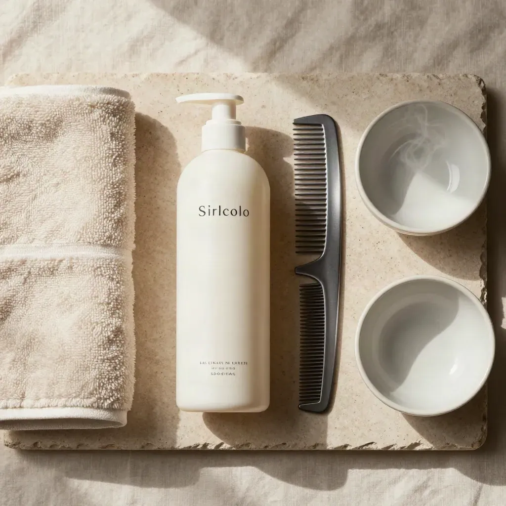 Shampoo professionale con asciugamano piegato, pettine tecnico e ciotola su lino chiaro.