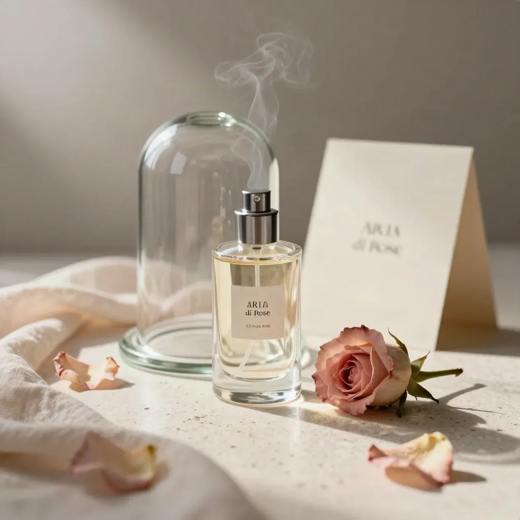 Profumo in vetro con campana fumé e petali secchi su travertino chiaro
